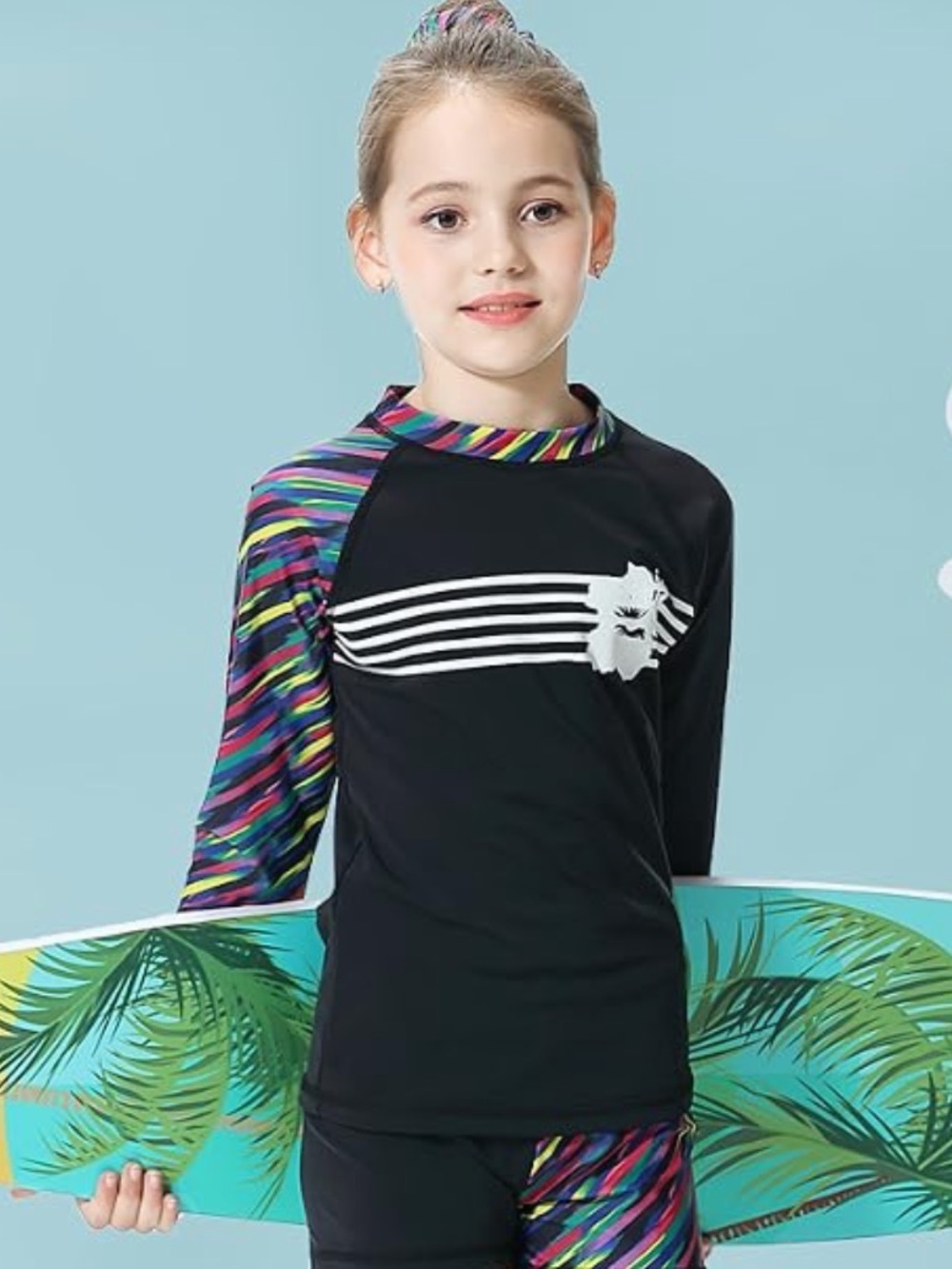 Long Sleeve Swim Shirt Rashguard Girls 7/8 130cm Black Rainbow Tropical Flower